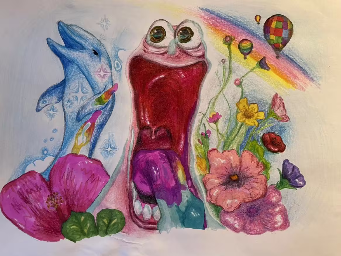 Geeked Patrick Star / Happy Patrick drawing with a wide-open smile, flowers, balloons, rainbow and a dolphin