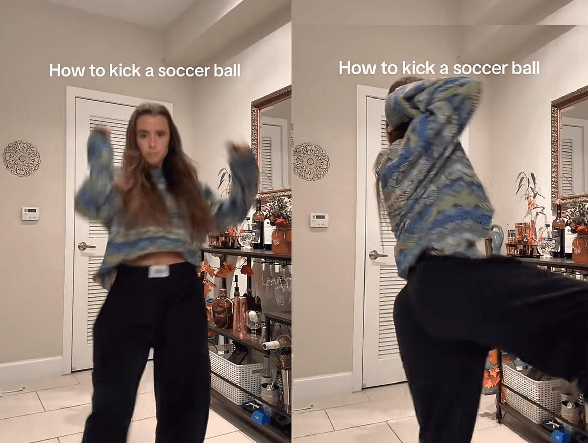 A creator posing beside a soccer ball in a fake tutorial setup before the dance payoff